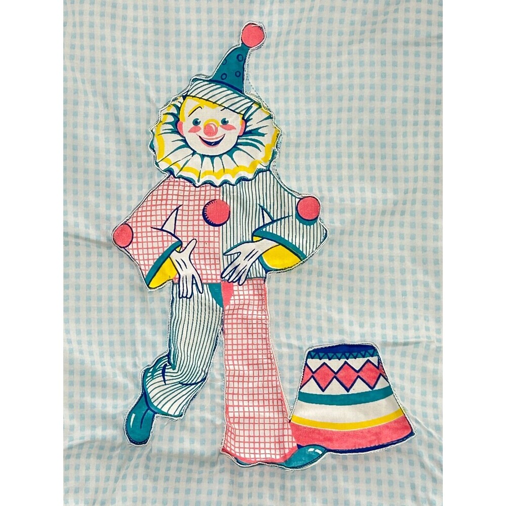 Vintage NOS Kozee Komfort Blue Gingham Clown Baby Quilt Blanket 35" X 47" - Picture 12 of 16